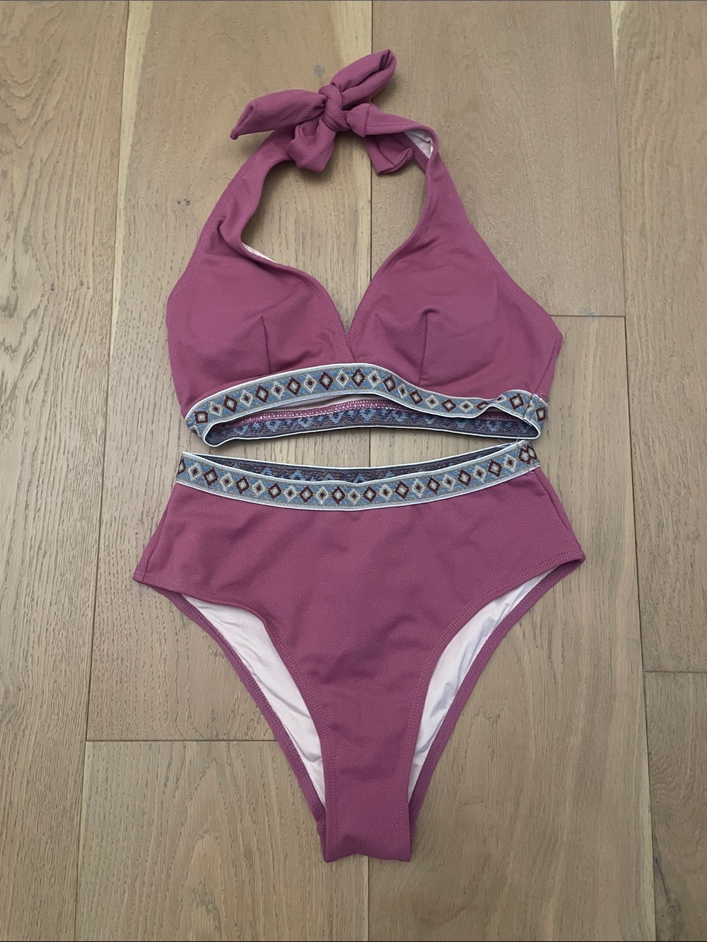 Pink Halter Bikini Swimsuit with Embroidered Band
